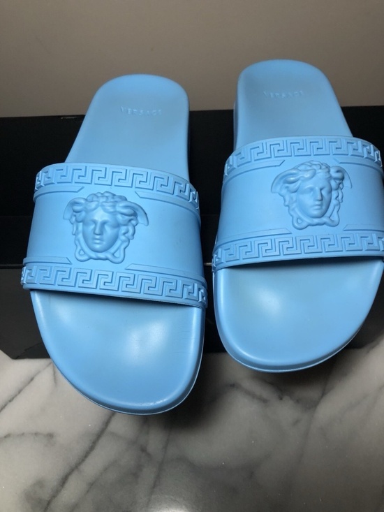 NIB VERSACE Men\'s Blue Palazzo Medusa Pool Slides Sandals Size 42